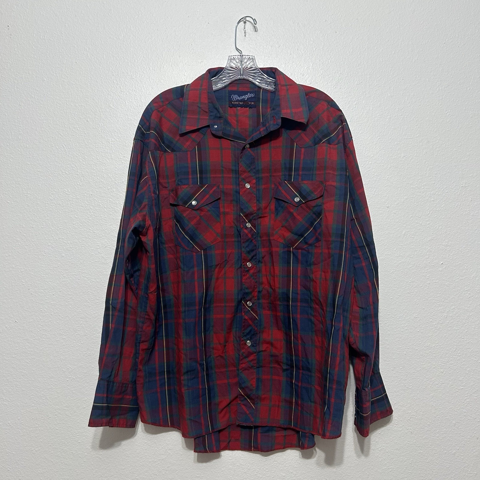 Wrangler Red Plaid Pearl Snaps Long Sleeve X-Long Tails Shirt Mens Size 17-35 Xl